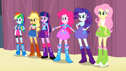 Size: 1920x1080 | Tagged: safe, derpibooru import, screencap, applejack, fluttershy, pinkie pie, rainbow dash, rarity, twilight sparkle, equestria girls, equestria girls (movie), clothes, cute, hand on hip, humane five, humane six, sextet, skirt