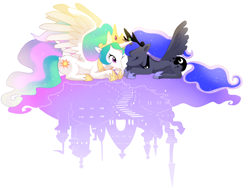 Size: 1280x964 | Tagged: safe, artist:quizia, princess celestia, princess luna, alicorn, pony, eyes closed, horns are touching