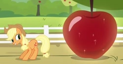 Size: 758x395 | Tagged: safe, screencap, applejack, earth pony, pony, bats!, apple, female, giant apple, giant produce, mare, out of context, smiling, solo