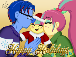 Size: 2000x1500 | Tagged: safe, artist:drake-rex, sour sweet, oc, oc:citrus flare, oc:sparks, equestria girls, baby, canon x oc, christmas, clothes, costume, cute, eyes closed, family, female, freckles, glasses, happy, holiday, kiss on the cheek, kiss sandwich, kissing, male, momma sour sweet, offspring, parent:oc:sparks, parent:sour sweet, parents:canon x oc, parents:sourks, ponytail, santa costume, shipping, sourbetes, sourks, straight, sweater