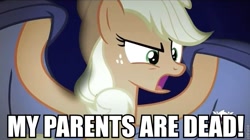 Size: 841x471 | Tagged: safe, applejack, earth pony, pony, bats!, applebat, batman, batmare, image macro, my parents are dead, solo