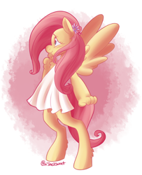 Size: 812x1000 | Tagged: safe, artist:shellsweet, fluttershy, anthro, blushing, clothes, dress, flower, flower in hair, looking away, profile, smiling, solo, spread wings, wings
