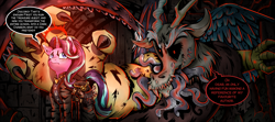 Size: 1500x666 | Tagged: safe, alternate version, artist:brother-lionheart, discord, starlight glimmer, draconequus, pony, unicorn, armor, black sclera, body horror, clothes, darkest dungeon, eldritch abomination, female, glowing horn, h.p. lovecraft, lovecraft, magic, male, mare, red eyes, saddle bag, speech bubble, tentacles