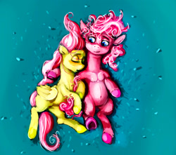 Size: 3197x2823 | Tagged: safe, artist:sharpieboss, fluttershy, pinkie pie, earth pony, pegasus, pony, belly button, duo, female, folded wings, lying down, mare, on back, sleeping, underhoof, unshorn fetlocks