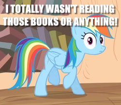 Size: 930x807 | Tagged: safe, derpibooru import, edit, edited screencap, screencap, rainbow dash, pegasus, pony, it's about time, blatant lies, caught, cropped, dialogue, golden oaks library, guilty, image macro, meme, solo