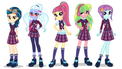 Size: 1455x819 | Tagged: safe, indigo zap, lemon zest, sour sweet, sugarcoat, sunny flare, equestria girls, friendship games, bag, bowtie, clothes, crystal prep academy, crystal prep academy uniform, crystal prep shadowbolts, female, glasses, goggles, hand on hip, headphones, looking at you, plaid skirt, school uniform, shadow five, shoes, simple background, smiling, socks, white background