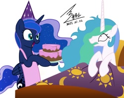 Size: 900x712 | Tagged: safe, artist:bluse, princess celestia, princess luna, alicorn, pony, cake, female, scared, show accurate