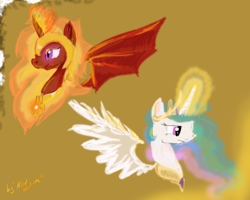 Size: 2500x2000 | Tagged: safe, artist:lol-katrina, nightmare star, princess celestia, alicorn, pony, duality, spread wings