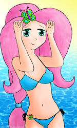 Size: 1500x2500 | Tagged: safe, artist:ogoroman, fluttershy, human, beach, belly button, bikini, clothes, humanized, solo, swimsuit