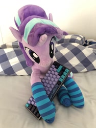 Size: 768x1024 | Tagged: safe, artist:nekokevin, starlight glimmer, pony, unicorn, series:nekokevin's glimmy, bed, bedsheets, clothes, female, holding, irl, keyboard, mare, photo, pillow, plushie, sitting, socks, solo, striped socks