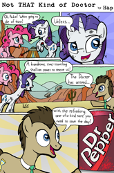 Size: 1200x1820 | Tagged: safe, artist:hap-sunshine, doctor whooves, pinkie pie, rarity, earth pony, pony, unicorn, comic, dr pepper, product placement