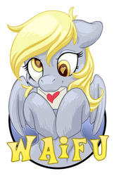 Size: 825x1275 | Tagged: safe, artist:hobbes-maxwell, derpy hooves, pegasus, pony, cute, derpabetes, female, heart eyes, mare, solo, waifu, waifu badge, wingding eyes