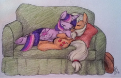 Size: 500x321 | Tagged: safe, artist:foxesgoquack, applejack, twilight sparkle, earth pony, pony, cuddling, female, lesbian, shipping, snuggling, sofa, twijack