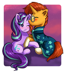 Size: 1391x1538 | Tagged: safe, artist:tears-of-xion, starlight glimmer, sunburst, pony, unicorn, blushing, clothes, female, glasses, kissing, male, one eye closed, raffle prize, shipping, simple background, socks (coat marking), starburst, straight, transparent background