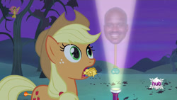 Size: 1280x720 | Tagged: safe, edit, edited screencap, screencap, applejack, fluttershy, bat pony, pony, bats!, applejack's flashlight, flashlight (object), meme, shaquille o'neal, twilight scepter