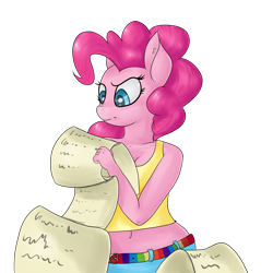 Size: 4000x4000 | Tagged: safe, artist:lisa400, pinkie pie, anthro, human, pinkie pride, belly button, checklist, chores, clothes, frown, midriff, parchment, scene interpretation, shipping, solo, tanktop