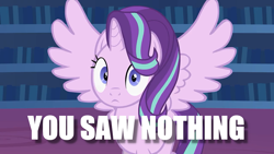 Size: 1280x720 | Tagged: safe, artist:forgalorga, edit, starlight glimmer, alicorn, alicornified, caught, image macro, looking at you, meme, nothing to see here, race swap, starlicorn, xk-class end-of-the-world scenario