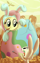 Size: 2227x3500 | Tagged: safe, artist:pirill, angel bunny, fluttershy, dragon, pegasus, pony, rabbit, bunny costume, bunnyshy, clothes, costume, cracked, cute, easter, easter egg, egg, female, fluffy, mouth hold, open mouth, paintbrush, painting, tongue out