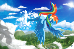 Size: 3240x2160 | Tagged: safe, artist:alskylark, derpibooru import, rainbow dash, pegasus, pony, cloud, cloud busting, cloudy, solo