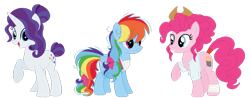 Size: 1024x402 | Tagged: safe, artist:bezziie, derpibooru import, pinkie pie, rainbow dash, rarity, earth pony, pegasus, pony, unicorn, alternate universe, clothes, hat, shirt, simple background, transparent background