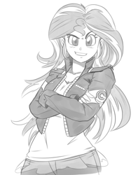 Size: 702x891 | Tagged: dead source, safe, artist:reiduran, sunset shimmer, equestria girls, capsule corp, clothes, crossed arms, crossover, dragon ball, dragon ball z, female, looking at you, monochrome, simple background, sketch, smiling, solo, white background