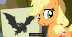 Size: 1600x830 | Tagged: safe, screencap, applejack, earth pony, pony, vampire fruit bat, bats!, meme, youtube caption