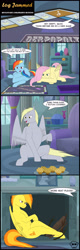 Size: 1700x5325 | Tagged: safe, artist:mighty-muffins, derpibooru import, derpy hooves, fluttershy, rainbow dash, spitfire, pegasus, pony, comic:toxic-mario's derpfire shipwreck, anatomically incorrect, board game, comic, dialogue, female, fireplace, food, incorrect leg anatomy, joke, log, mantle, monopoly, muffin, sofa, spitfire's hair is fire, table