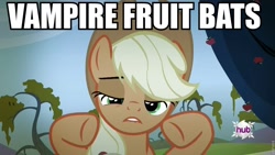 Size: 960x540 | Tagged: safe, applejack, earth pony, pony, bats!, ancient aliens, giorgio a. tsoukalos, image macro, solo