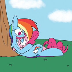 Size: 1024x1024 | Tagged: safe, artist:mr. rottson, derpibooru import, pinkie pie, rainbow dash, earth pony, pegasus, pony, cuddling, female, hug, lesbian, pinkiedash, shipping, snuggling