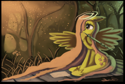 Size: 1024x689 | Tagged: safe, artist:auroriia, fluttershy, pegasus, pony, flute, forest, halo, musical instrument, sitting, solo, spread wings