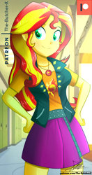 Size: 720x1360 | Tagged: safe, artist:the-butch-x, sunset shimmer, equestria girls, equestria girls series, canterlot high, clothes, commission, cutie mark on clothes, female, geode of empathy, hallway, jacket, leather jacket, lockers, patreon, patreon logo, signature, skirt, smiling, solo