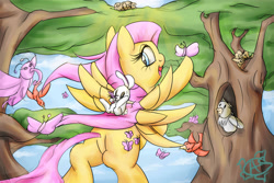 Size: 900x600 | Tagged: safe, artist:aquaticsun, angel bunny, fluttershy, bird, butterfly, pegasus, pony, kallisti, looking back, tree