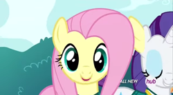 Size: 640x354 | Tagged: safe, screencap, fluttershy, rarity, pegasus, pony, unicorn, filli vanilli, animation error, ear, hub logo