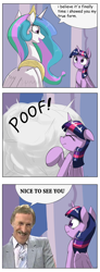 Size: 1024x2793 | Tagged: safe, artist:otakuap, artist:otakuap edit, edit, princess celestia, twilight sparkle, twilight sparkle (alicorn), alicorn, pony, british, bruce forsyth, celestia's true form, comic, female, game show, host, mare, television, transformation