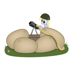 Size: 3124x2646 | Tagged: safe, artist:e-49, derpy hooves, pegasus, pony, female, food, gun, machine gun, mare, muffin, muffin gun, sandbag, simple background, solo, this will end in tears and/or breakfast, transparent background, vector, weapon