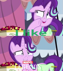 Size: 759x849 | Tagged: safe, edit, edited screencap, screencap, starlight glimmer, pony, unicorn, rock solid friendship, exploitable meme, logo, marvel, marvel legends, marvel logo, meme, starlight's confessions