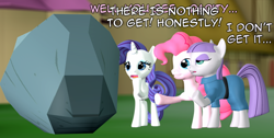 Size: 1008x508 | Tagged: safe, artist:php74, maud pie, pinkie pie, rarity, tom, earth pony, pony, unicorn, 3d, gmod