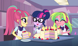 Size: 900x541 | Tagged: safe, artist:sapphiregamgee, lemon zest, sci-twi, sour sweet, twilight sparkle, equestria girls, friendship games, apron, bowtie, cake, clothes, crystal prep, crystal prep academy, crystal prep academy uniform, crystal prep shadowbolts, female, food, freckles, glasses, headphones, kitchen, ponytail, school uniform