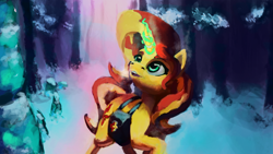 Size: 4551x2560 | Tagged: safe, artist:terrafomer, sunset shimmer, pony, unicorn, absurd resolution, forest, glowing horn, saddle bag, solo