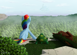 Size: 1900x1362 | Tagged: safe, artist:galekz, derpibooru import, rainbow dash, tank, pegasus, pony, tortoise, bush, face not visible, female, forest, mare, scenery, sitting, tree