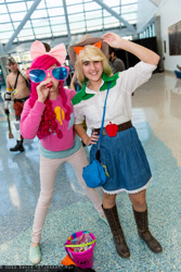 Size: 1365x2048 | Tagged: artist needed, safe, applejack, pinkie pie, human, equestria girls, comikaze expo, comikaze expo 2013, convention, cosplay, irl, irl human, party horn, photo, sunglasses