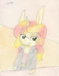 Size: 683x889 | Tagged: safe, sunset shimmer, pony, belly button, bipedal, clothes, equestria girls outfit, jacket, midriff, short shirt, solo, traditional art