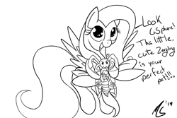 Size: 900x600 | Tagged: safe, artist:ciscoql, artist:gsphere, fluttershy, pegasus, pony, crossover, cute, monochrome, pet, starcraft, starcraft 2, zergling