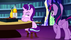 Size: 854x480 | Tagged: safe, edit, edited screencap, screencap, starlight glimmer, twilight sparkle, twilight sparkle (alicorn), alicorn, pony, unicorn, uncommon bond, alcohol, board game, dragon pit, sitting, totally legit recap, youtube link