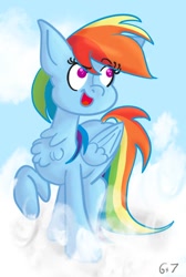 Size: 642x956 | Tagged: safe, artist:sixes&sevens, derpibooru exclusive, derpibooru import, rainbow dash, pegasus, pony, chest fluff, cloud, female, hooves, mare, on a cloud, open mouth, raised hoof, solo, standing on cloud, wings