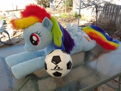 Size: 2560x1920 | Tagged: safe, artist:neysanight, derpibooru import, rainbow dash, football, irl, life size, photo, plushie, prone, solo