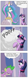 Size: 1737x4737 | Tagged: safe, artist:otakuap edit, princess celestia, spike, twilight sparkle, twilight sparkle (alicorn), alicorn, dragon, pony, celestia's true form, character to character, comic, exploitable meme, female, mare, meme, story in the comments