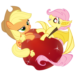 Size: 900x900 | Tagged: safe, artist:pixelkitties, applejack, fluttershy, bat pony, pony, bats!, apple, braces, filly, flutterbat, race swap, simple background, transparent background, younger