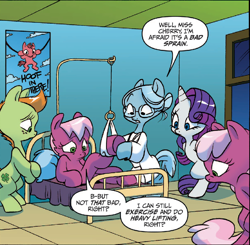 Size: 856x839 | Tagged: safe, idw, cheerilee, cherry blossom (idw), cloverleaf, rarity, pony, unicorn, spoiler:comic, spoiler:comic29, doctor, hang in there, hospital, sisters, twins