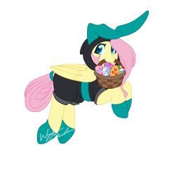 Size: 3487x3513 | Tagged: safe, artist:fuyusfox, fluttershy, pegasus, pony, basket, bunny ears, clothes, cute, dangerous mission outfit, easter, easter basket, easter egg, egg, female, holiday, looking at you, mare, mouth hold, simple background, solo, transparent background